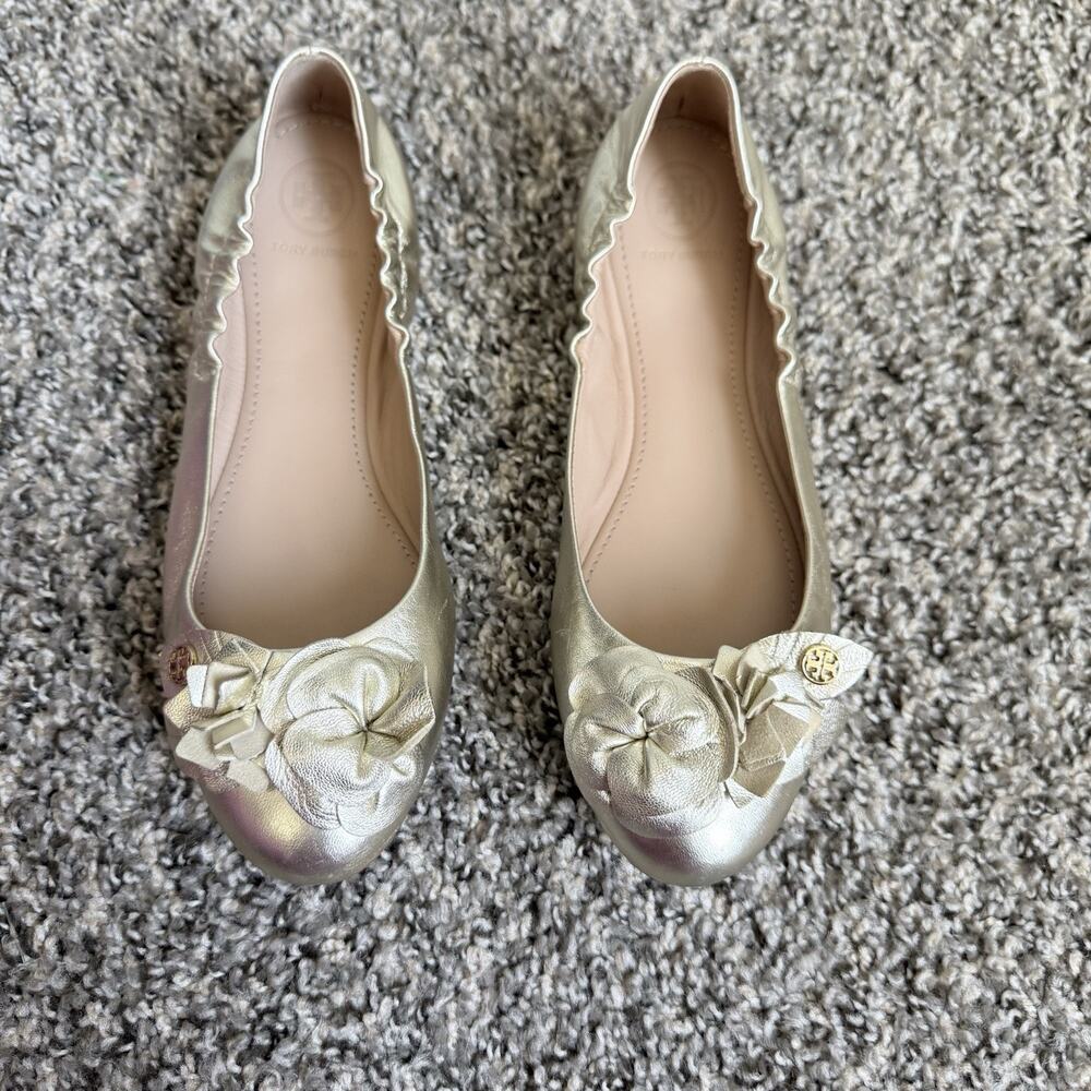 Tory Burch champagne Gold blossom Embellished Ballet Flats Women's Size 7 New